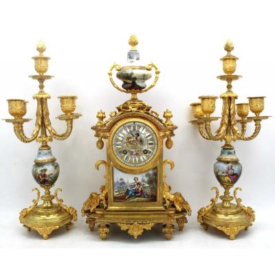 Antique Napoleon III Pendulum Mantel Clock Ormolu With Candlesticks In Bronze And Porcelain 19th Signed