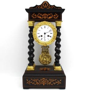 Ancien Horloge Pendule Portique d'époque Napoleon III en marqueterie (H.50) - 19ème