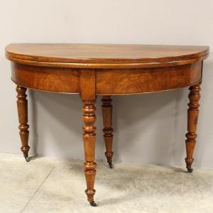 Ancien Table Console demi-lune d'époque Louis Philippe en noyer - 19ème