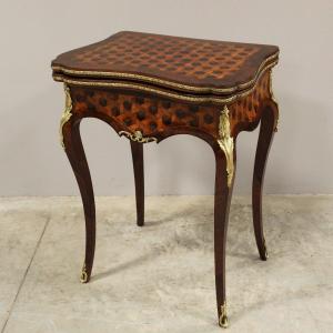 Ancien Console petite Table à jeux d'époque Napoleon III en marqueterie - 19ème 