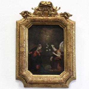 Annunciation - Antique Oil Painting On Copper With Gilded Frame - 17th