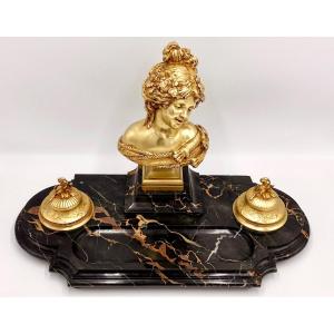 Grand Pot à Encrier Bronze Doré Marbre « Saint Laurent » école Barbedienne Paris L. Cm.