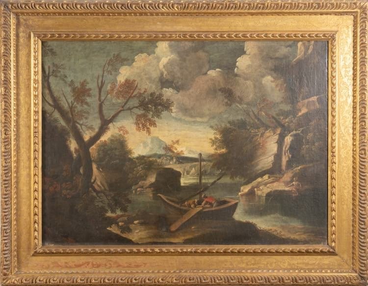 Paysage Fluvial Avec Bateau Et Pêcheurs - Peinture Sur Toile Fin Du XVIIe Siecle