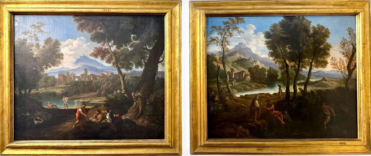 Pair Of Landscapes With Figures Oil Paintings On Canvas - Early 20th Century.