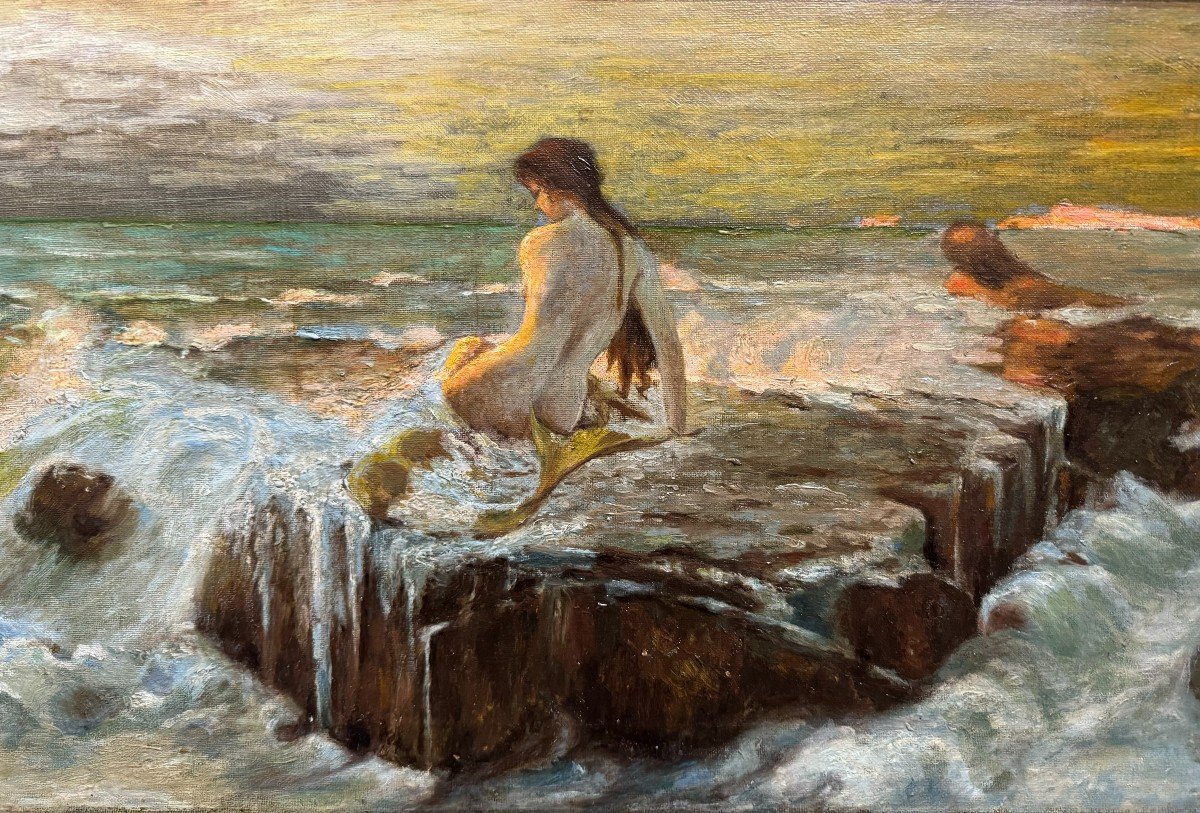 Paysage Marin Mythologique Avec Sirène Et Tritons, Peint Sur Toile Par B.b. Knüpfer-photo-3