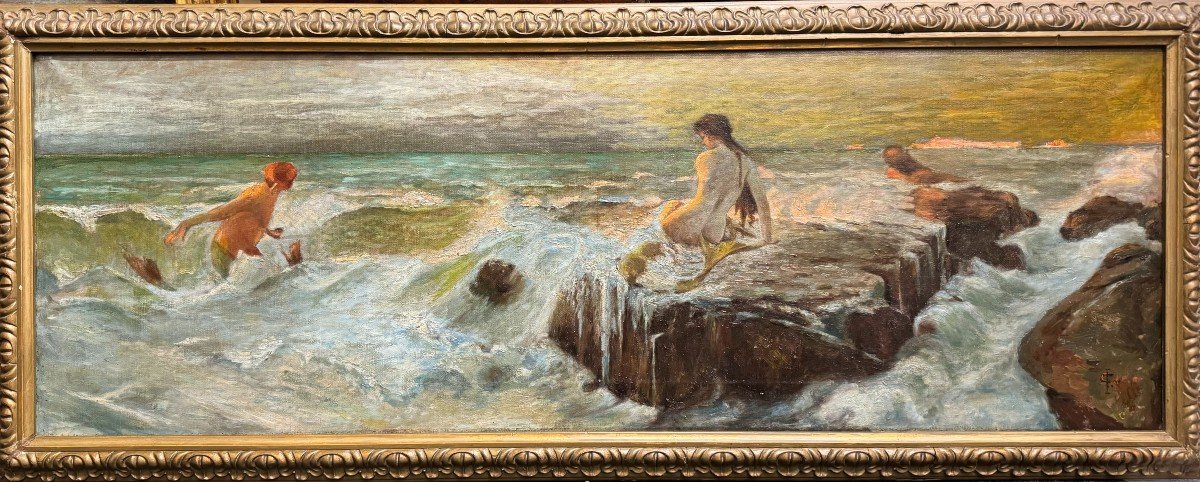 Paysage Marin Mythologique Avec Sirène Et Tritons, Peint Sur Toile Par B.b. Knüpfer