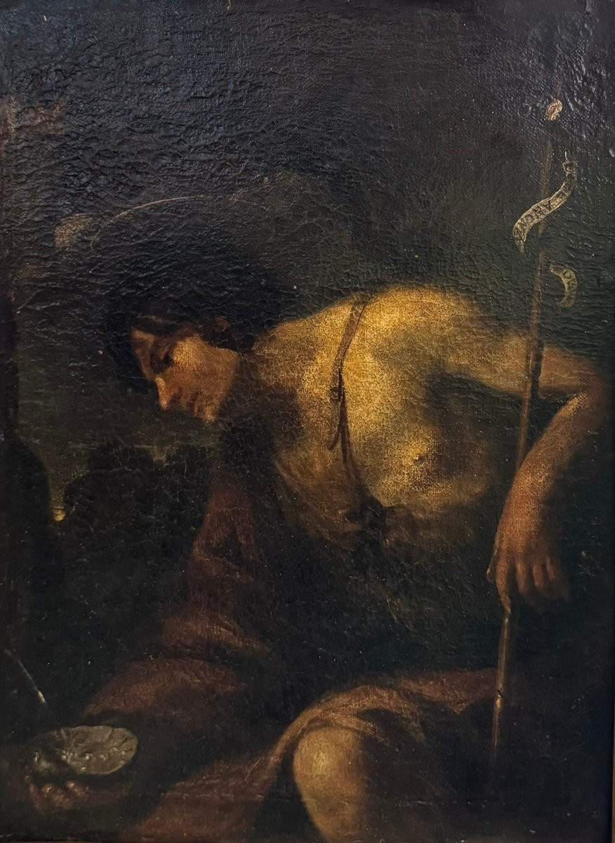 Saint John The Baptist In The Desert, 17th Century Oil On Canvas.-photo-1