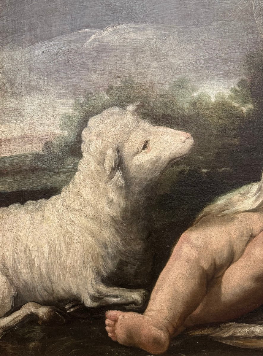 Child Saint John With Lamb, 17th Century Oil Painting On Canvas-photo-2