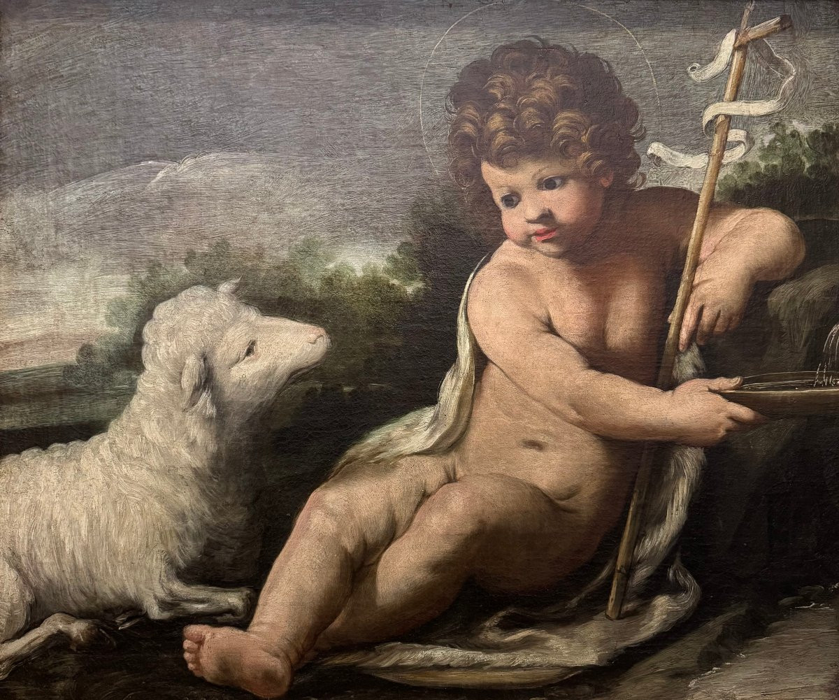 Child Saint John With Lamb, 17th Century Oil Painting On Canvas-photo-4