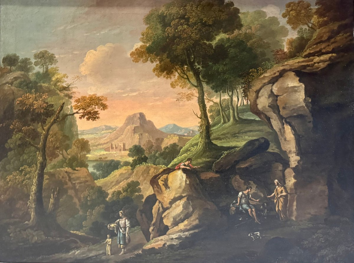 PAYSAGE AVEC PERSONNAGES - École romaine du XIXe siècle-photo-2