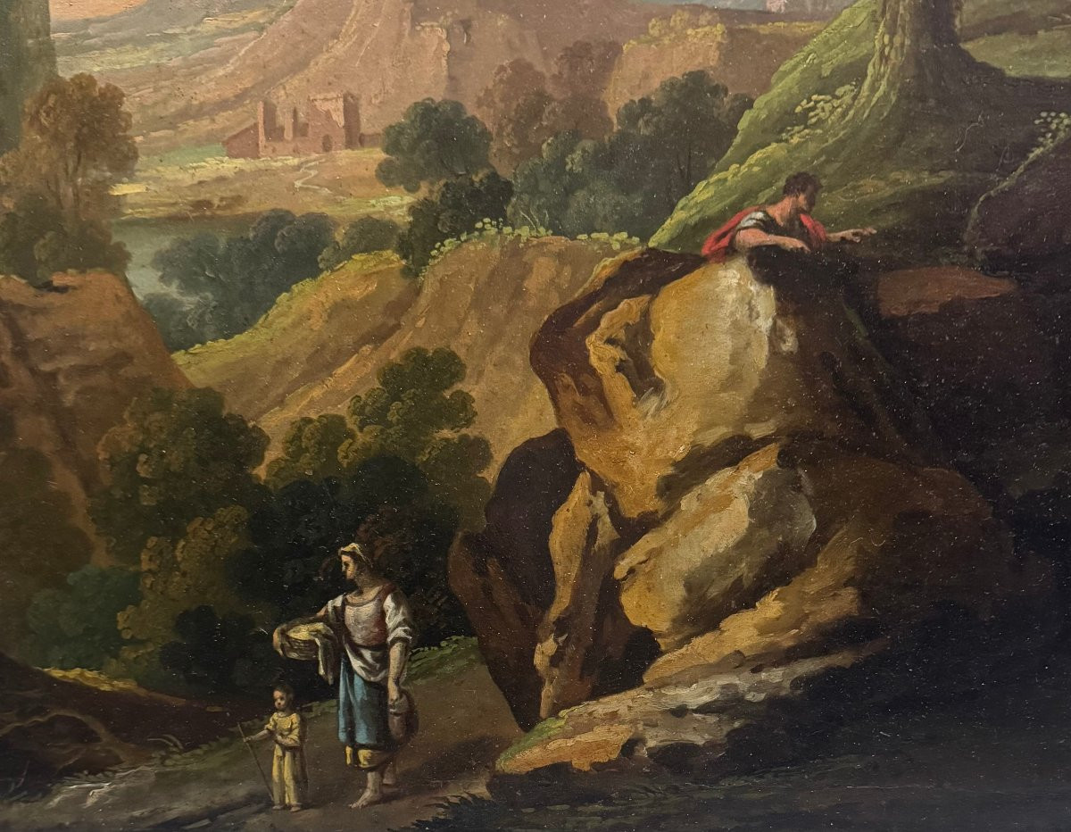 PAYSAGE AVEC PERSONNAGES - École romaine du XIXe siècle-photo-3