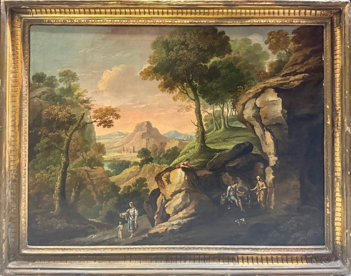 PAYSAGE AVEC PERSONNAGES - École romaine du XIXe siècle