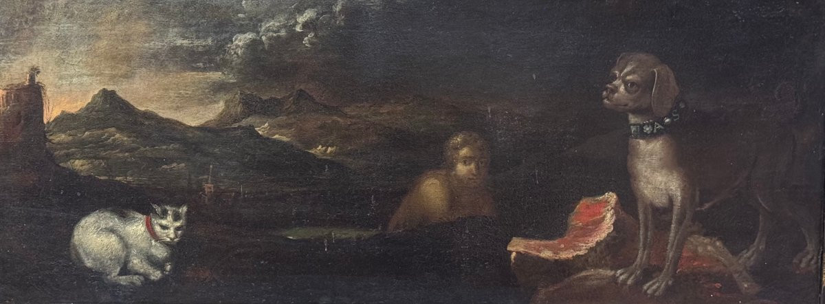 Mythological Or Allegorical Scene With A Male Figure, A Dog, And A Cat– Painting , 17th Century-photo-3