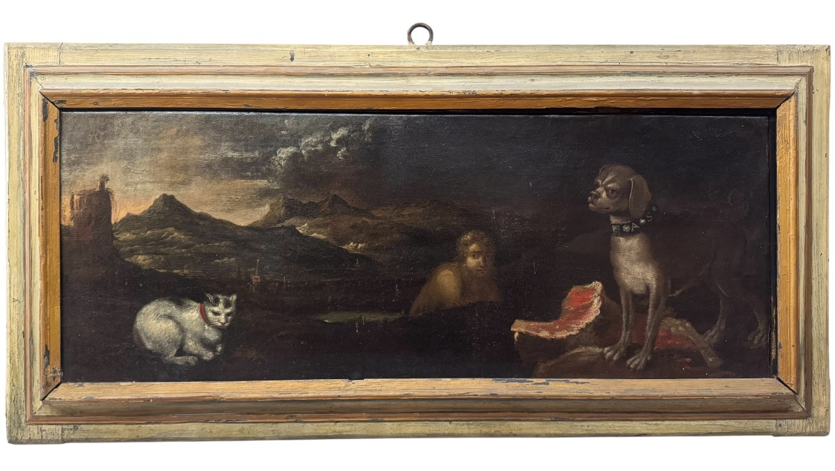 Mythological Or Allegorical Scene With A Male Figure, A Dog, And A Cat– Painting , 17th Century