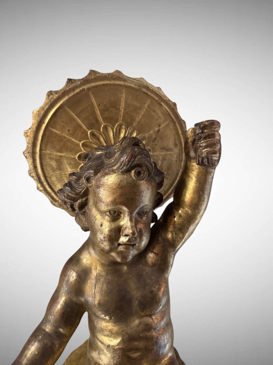 Seated Baby Jesus In Gilded Wood – 17th Century Sculpture-photo-3