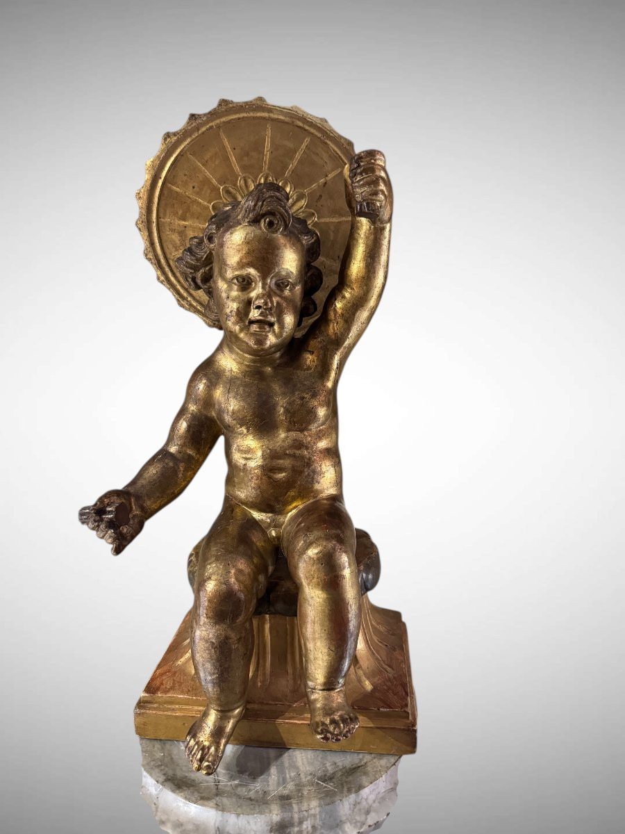 Seated Baby Jesus In Gilded Wood – 17th Century Sculpture-photo-4