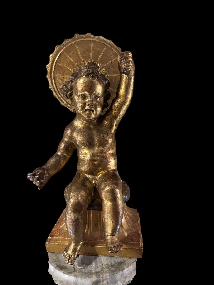 Seated Baby Jesus In Gilded Wood – 17th Century Sculpture-photo-3