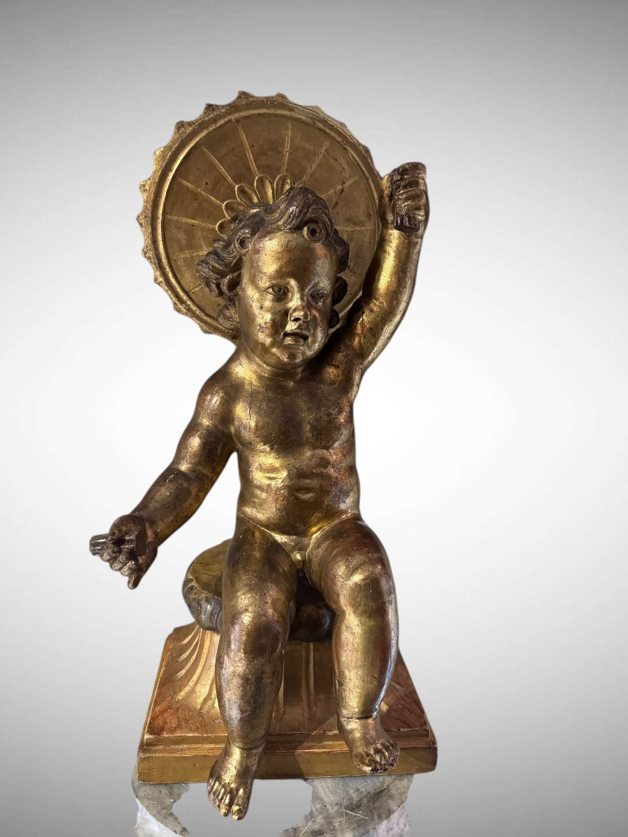 Seated Baby Jesus In Gilded Wood – 17th Century Sculpture-photo-4