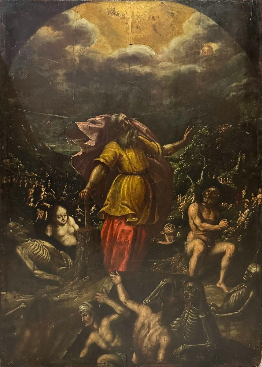 Peinture ancienne sur bois « La Vision du prophète Ézéchiel », école de Ferrare, maniérisme