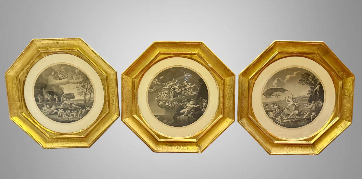 Ensemble de trois gravures anciennes illustrant les allégories des trois éléments - par F. Alba