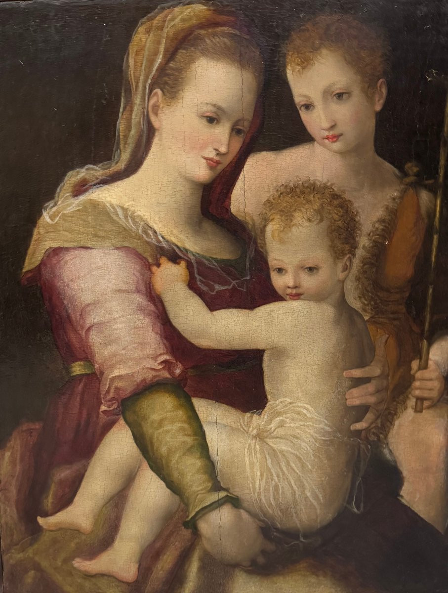 La Vierge à l'Enfant avec saint Jean-Baptiste , peint sur bois, XVIe siècle.-photo-3