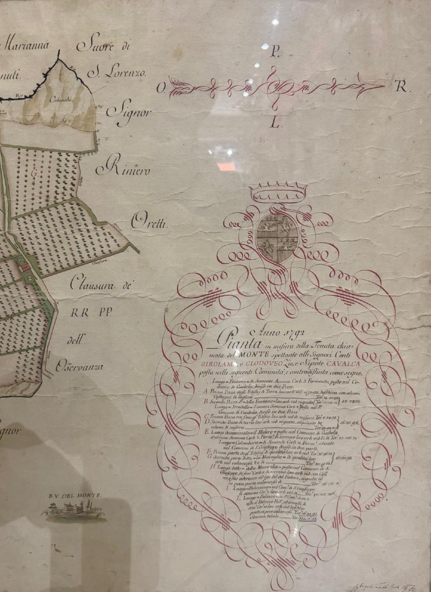 Ancient Cabreo, Watercolored Manuscript Map 1792 Tenuta Del Monte, Bologna, With Heraldic Coat -photo-1