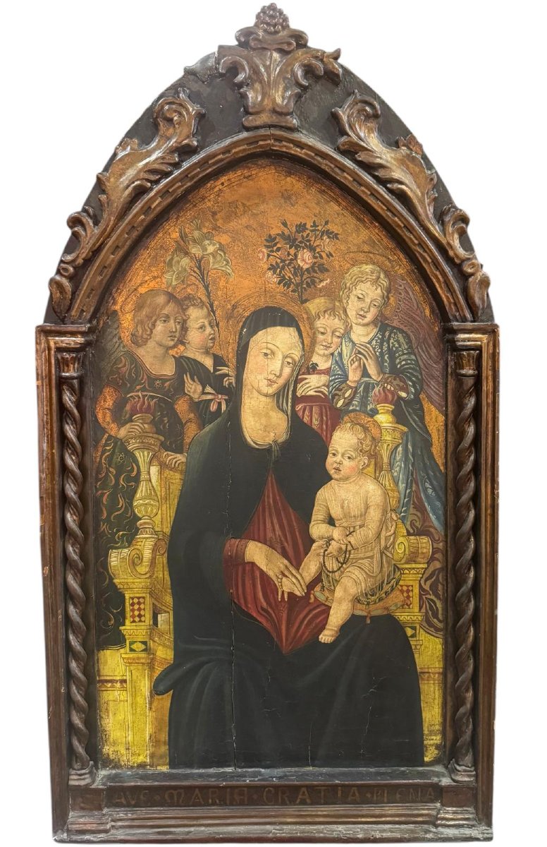 JONI I.F. - Vierge à l'Enfant avec des anges, tempera sur bois doré-photo-3