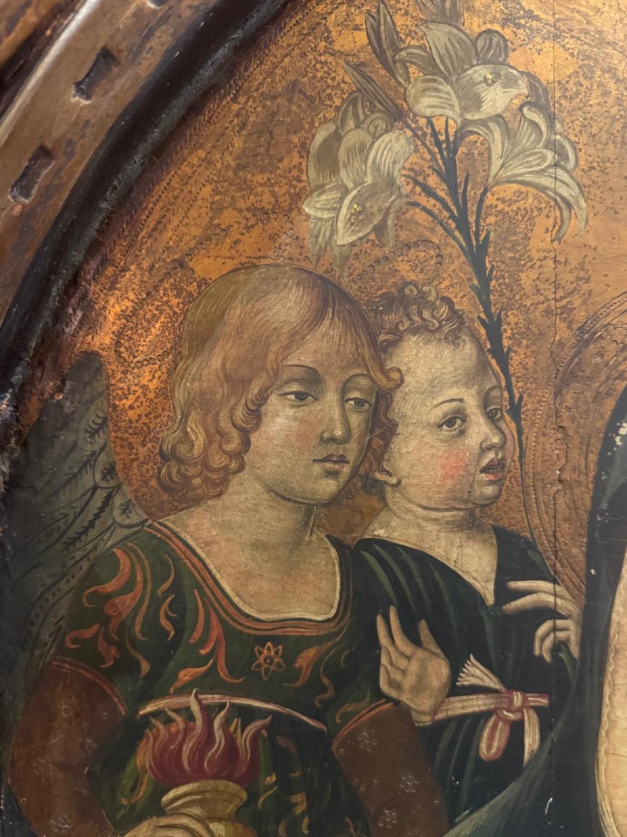 JONI I.F. - Vierge à l'Enfant avec des anges, tempera sur bois doré-photo-2