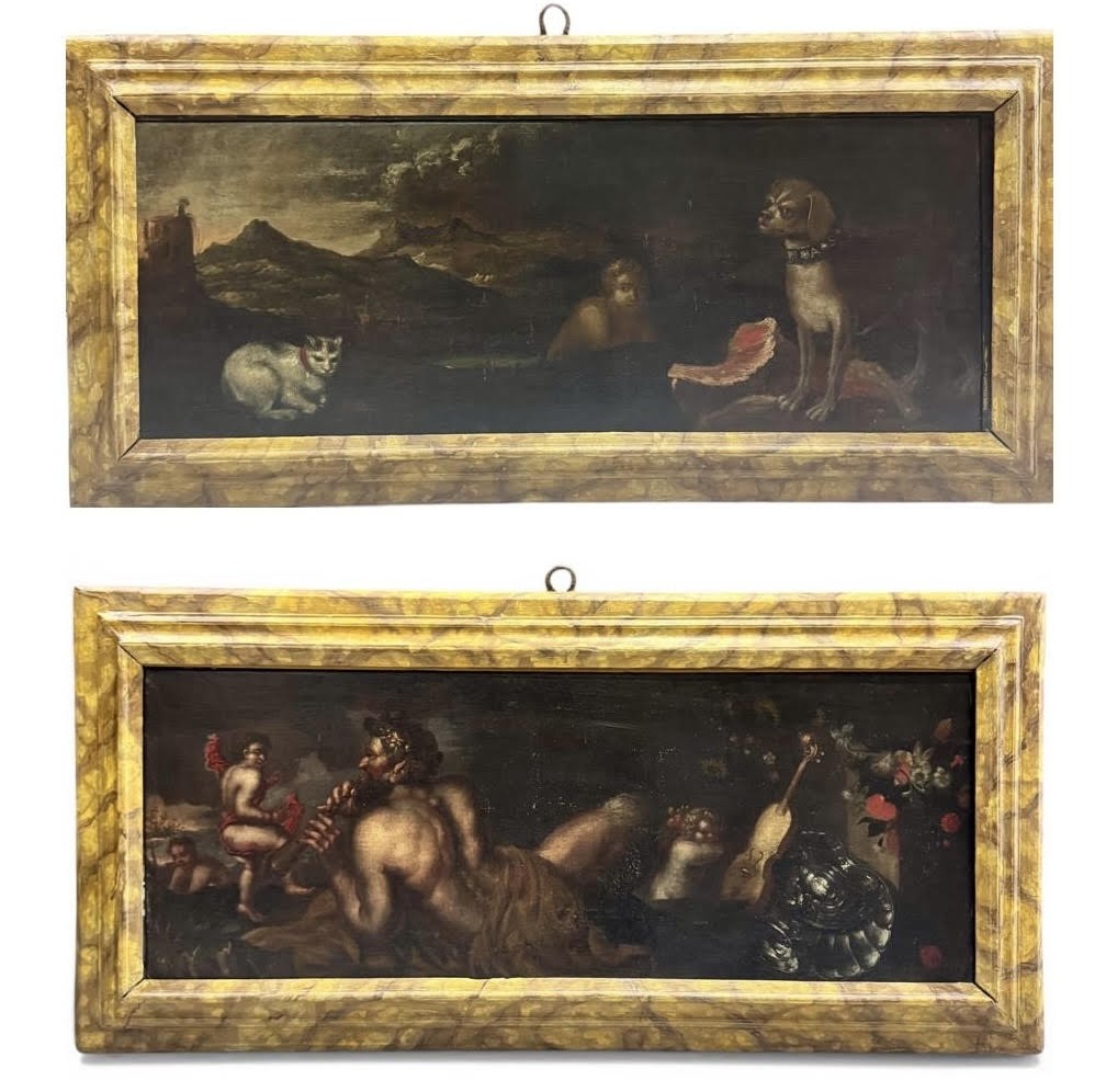 Pendant Of Ancient Oil Paintings On Canvas “allegorical/mythological Scenes”
