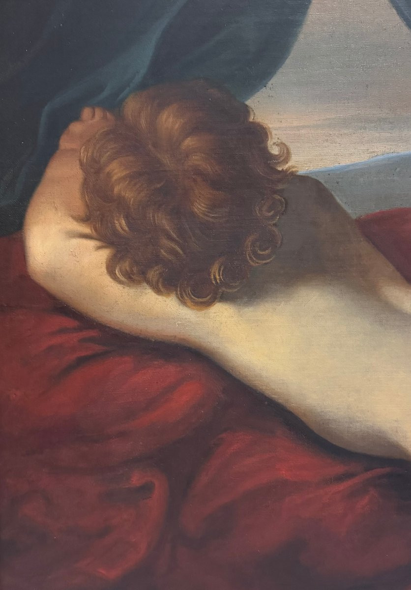 Peinture à l'huile ancienne sur toile – Putto couché, portrait de dos-photo-2