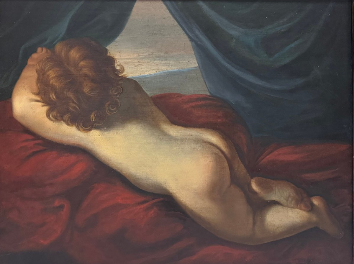 Peinture à l'huile ancienne sur toile – Putto couché, portrait de dos-photo-3