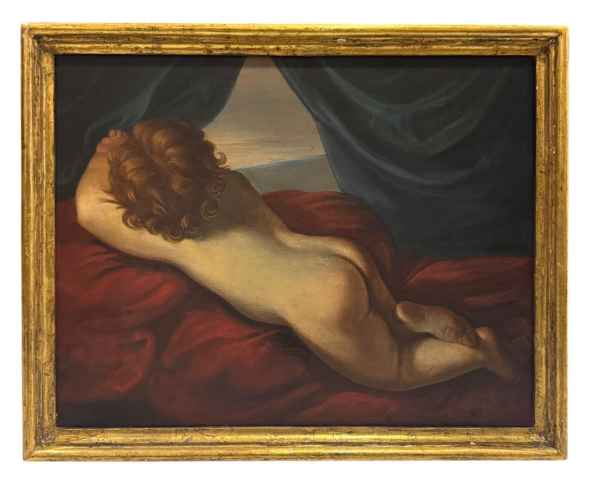 Peinture à l'huile ancienne sur toile – Putto couché, portrait de dos