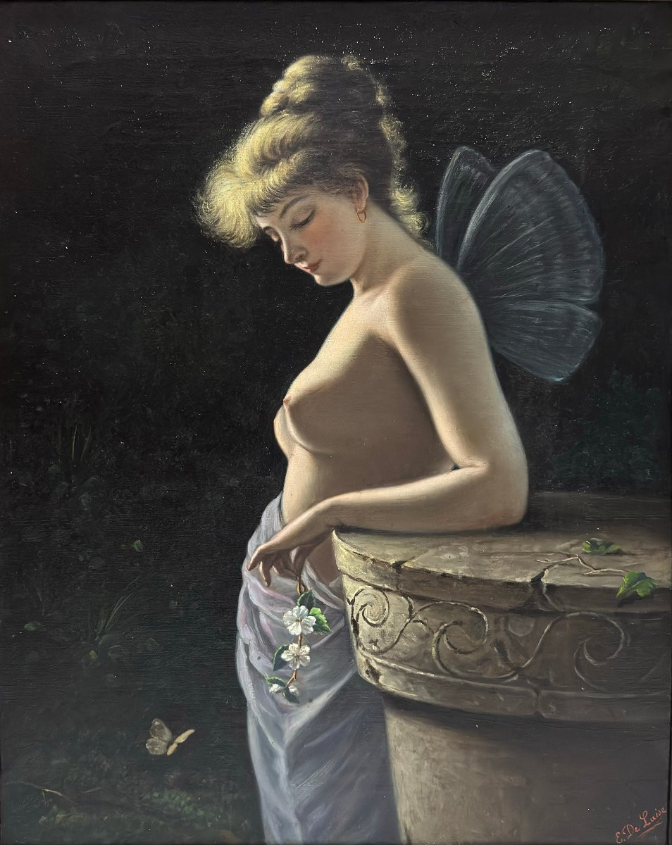 Oil On Canvas: “allegorical Female Figure With Butterfly Wings” – E. De Luise-photo-3
