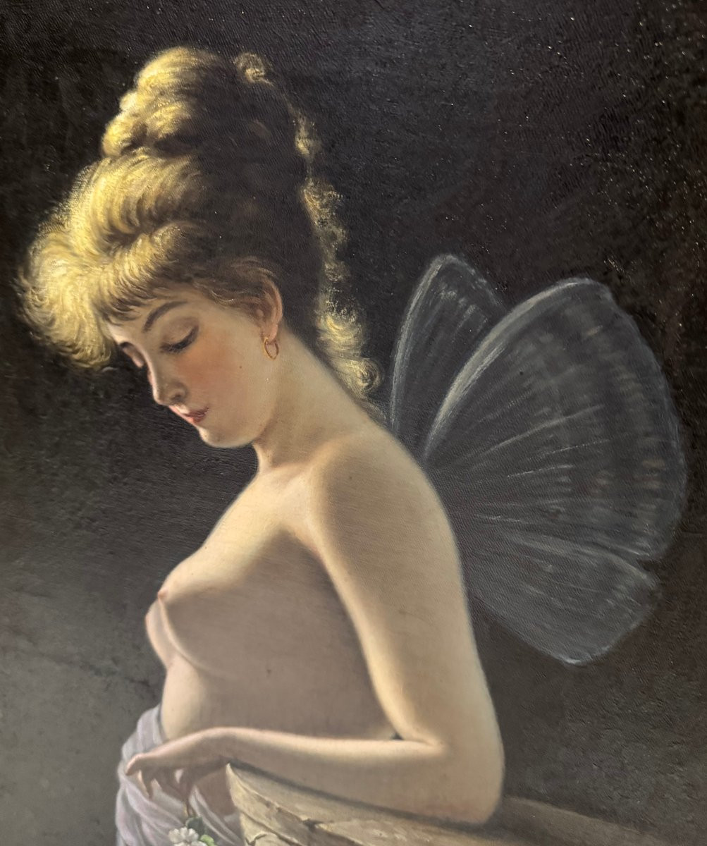Oil On Canvas: “allegorical Female Figure With Butterfly Wings” – E. De Luise-photo-3