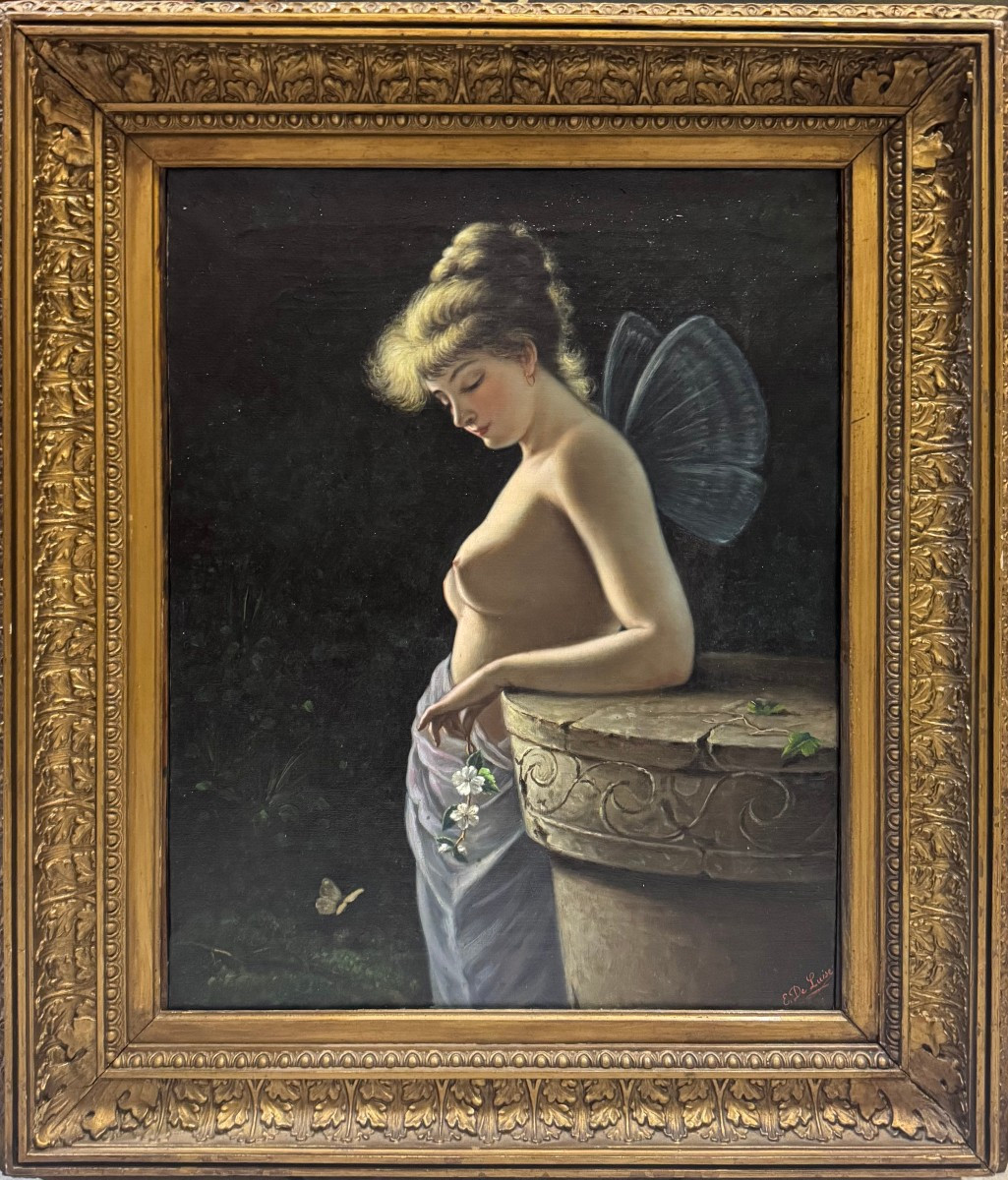 Oil On Canvas: “allegorical Female Figure With Butterfly Wings” – E. De Luise