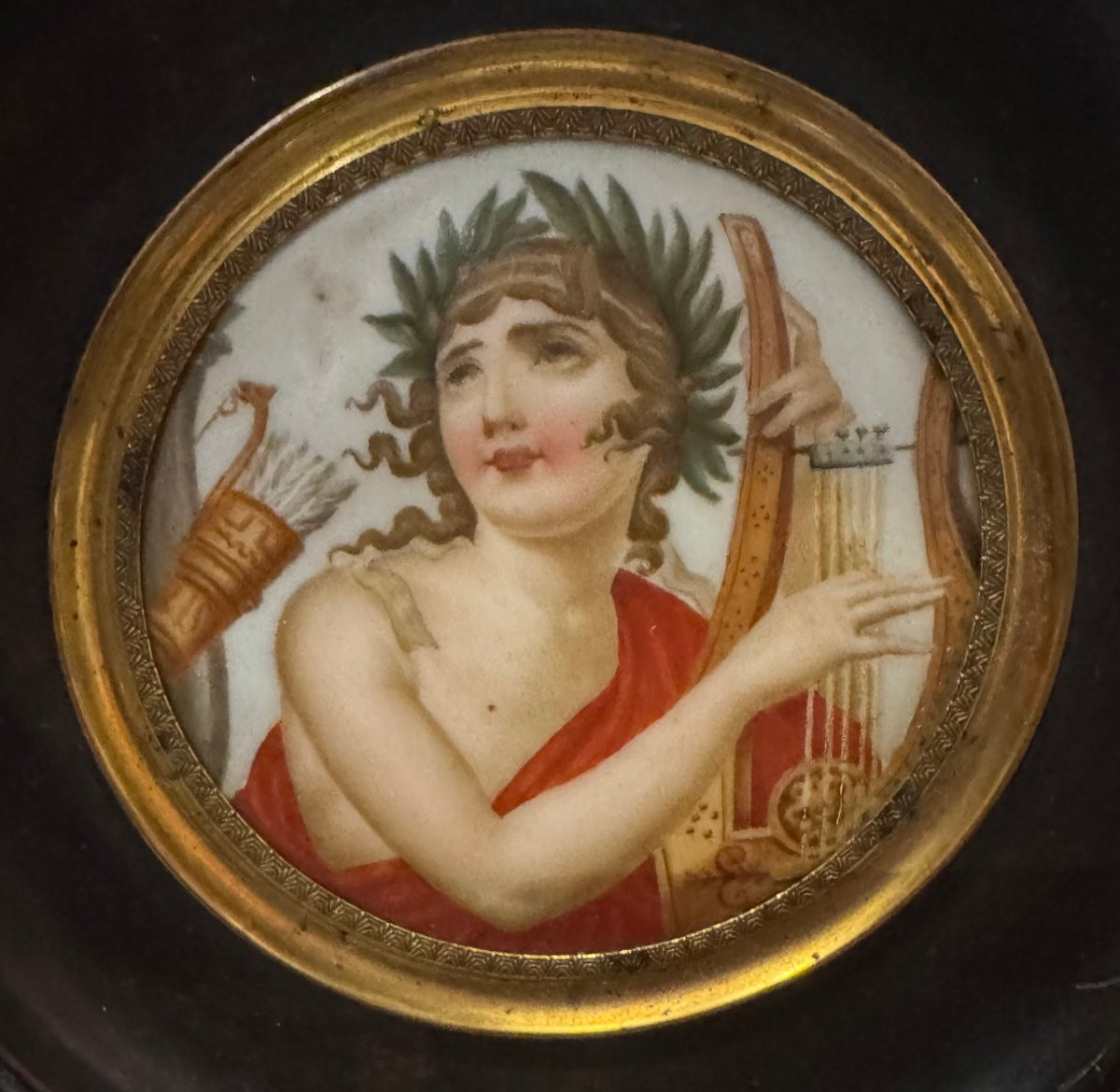 Antique Neoclassical Miniature Depicting “apollo,” Painted On Porcelain, 19th Century-photo-2