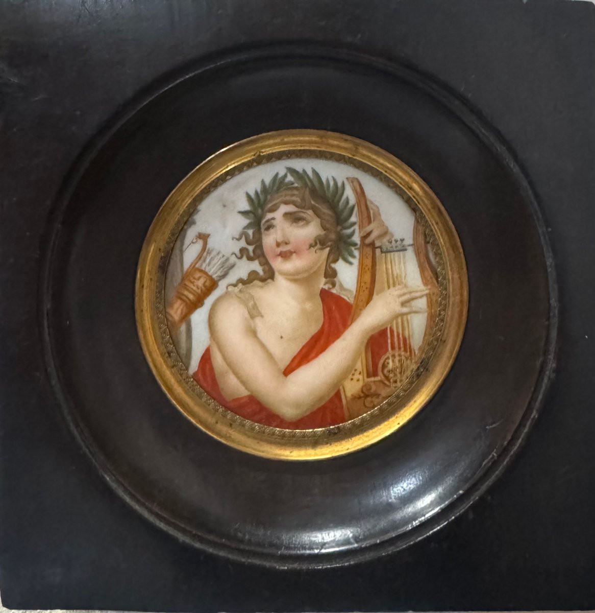Antique Neoclassical Miniature Depicting “apollo,” Painted On Porcelain, 19th Century-photo-3