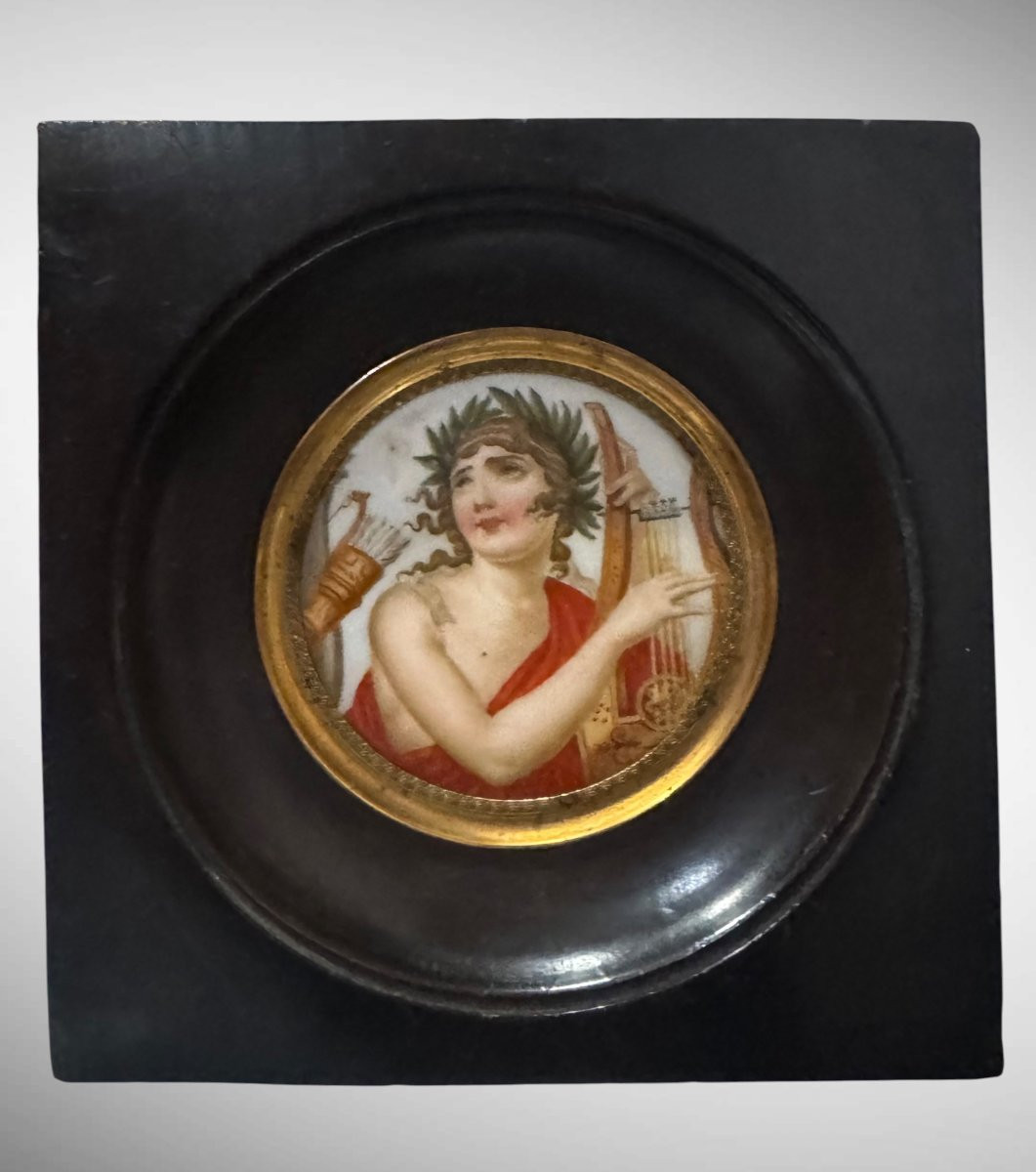 Antique Neoclassical Miniature Depicting “apollo,” Painted On Porcelain, 19th Century-photo-4