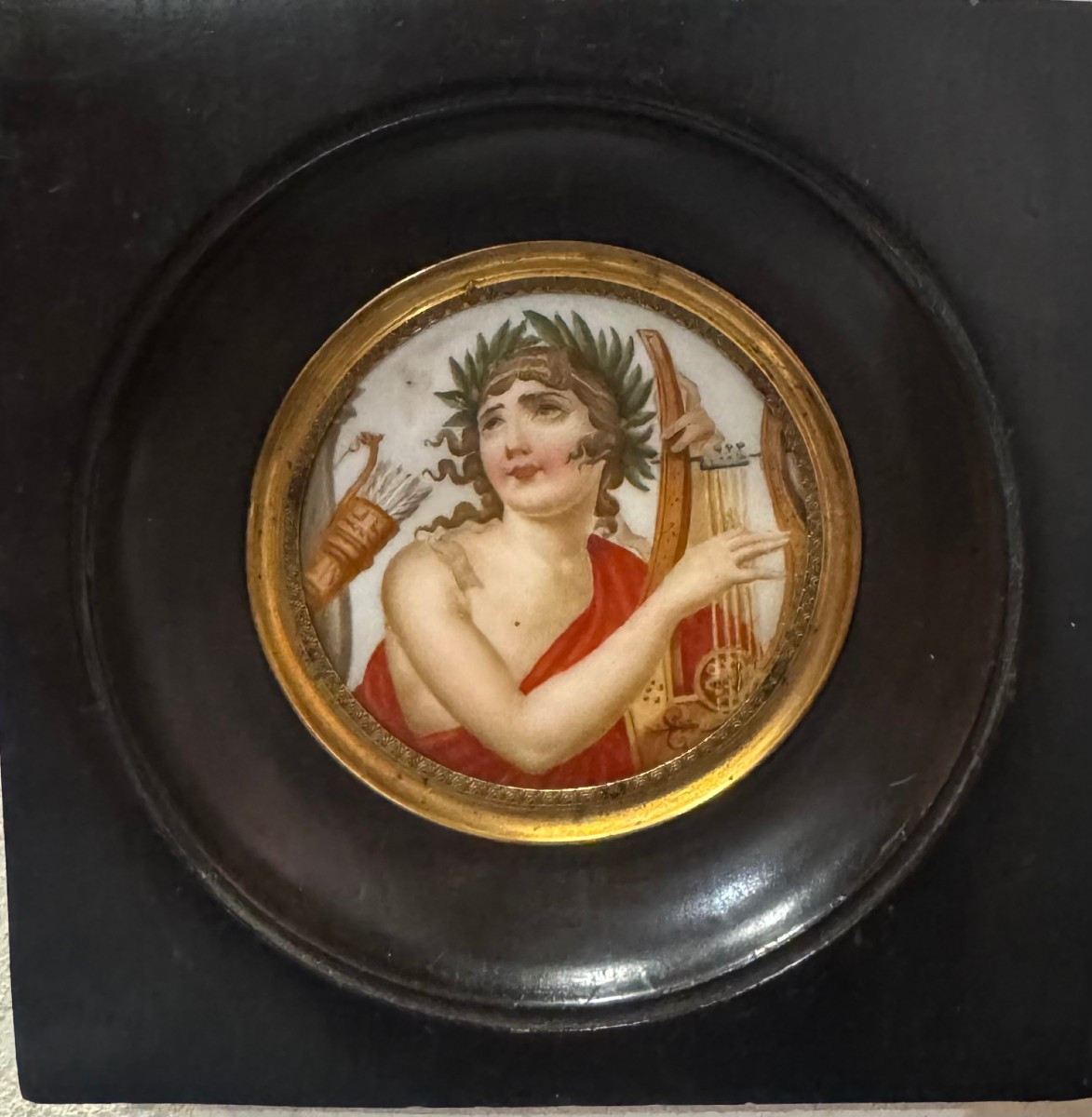 Antique Neoclassical Miniature Depicting “apollo,” Painted On Porcelain, 19th Century
