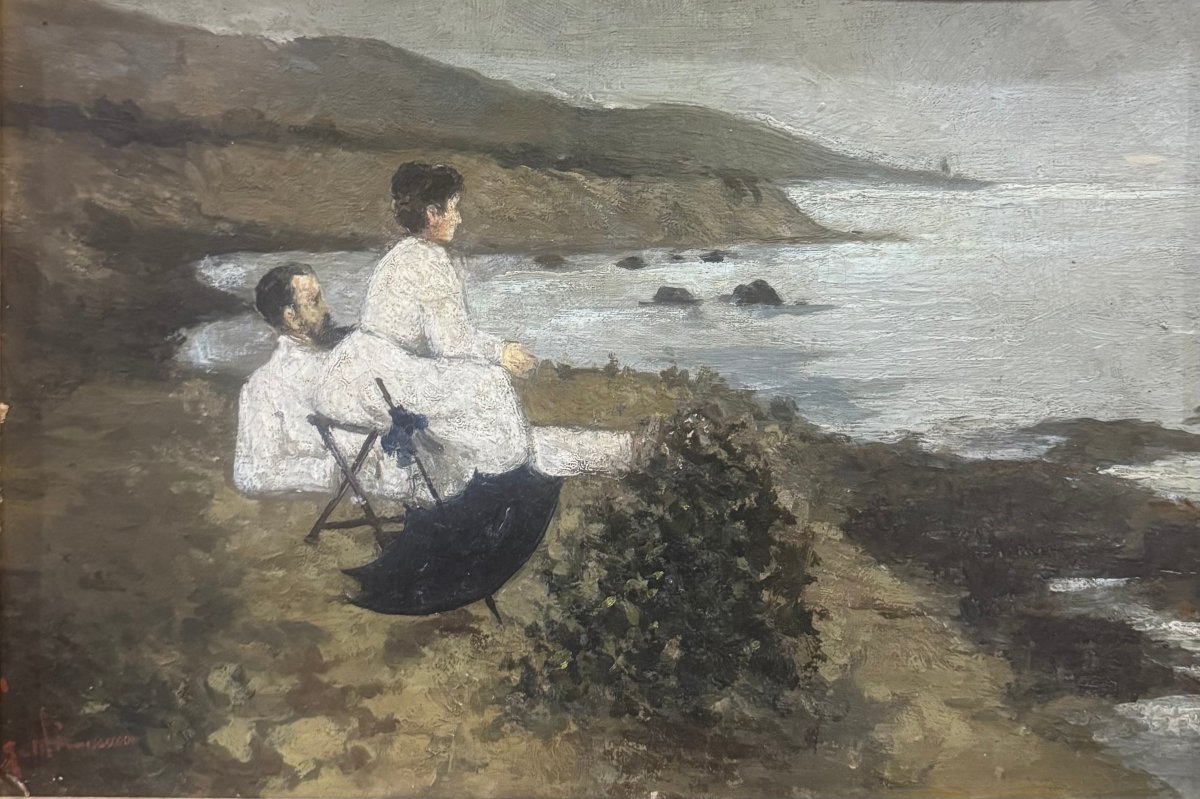Francesco Gioli – Le peintre Gioli et sa femme sur la plage de Castiglioncello – Huile sur cart-photo-2