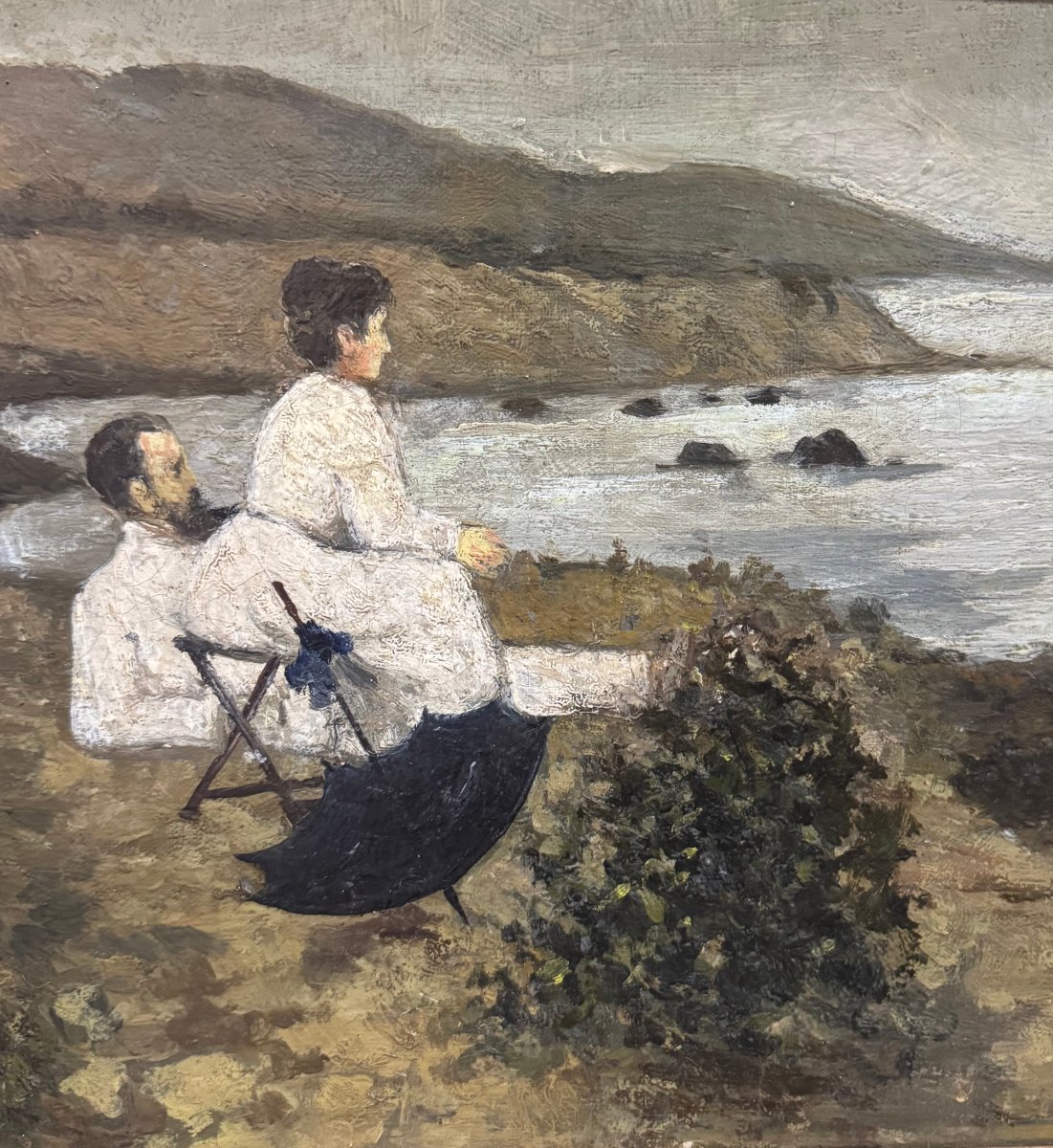 Francesco Gioli – Le peintre Gioli et sa femme sur la plage de Castiglioncello – Huile sur cart-photo-3