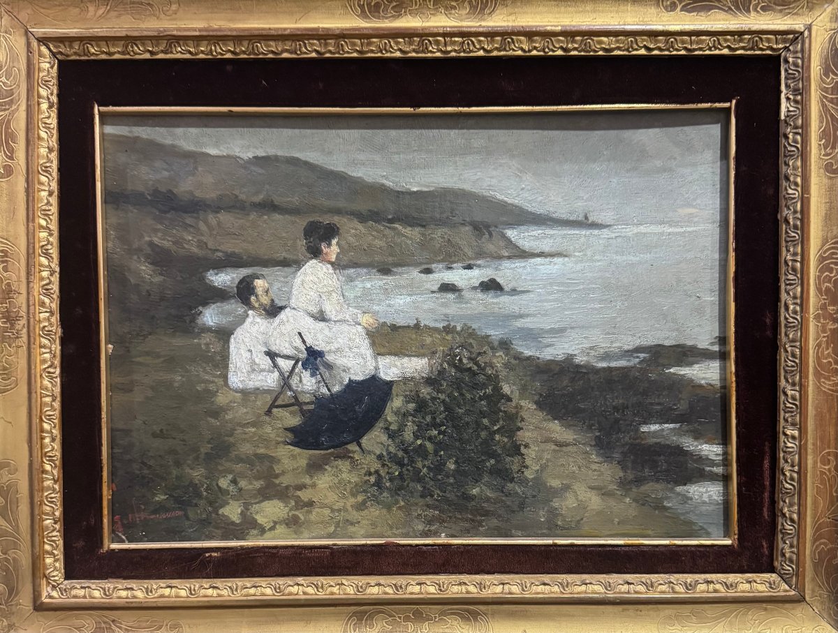 Francesco Gioli – Le peintre Gioli et sa femme sur la plage de Castiglioncello – Huile sur cart-photo-4