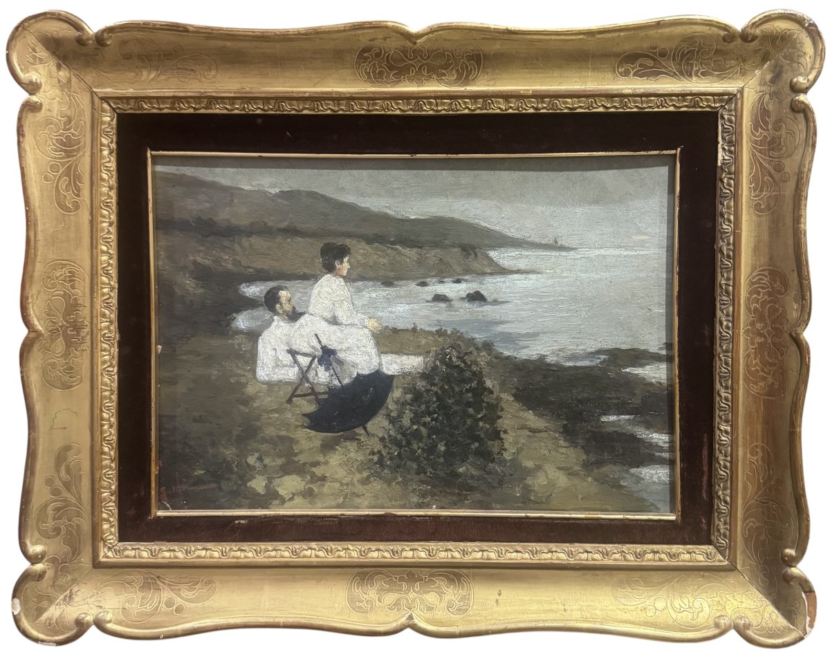 Francesco Gioli – Le peintre Gioli et sa femme sur la plage de Castiglioncello – Huile sur cart