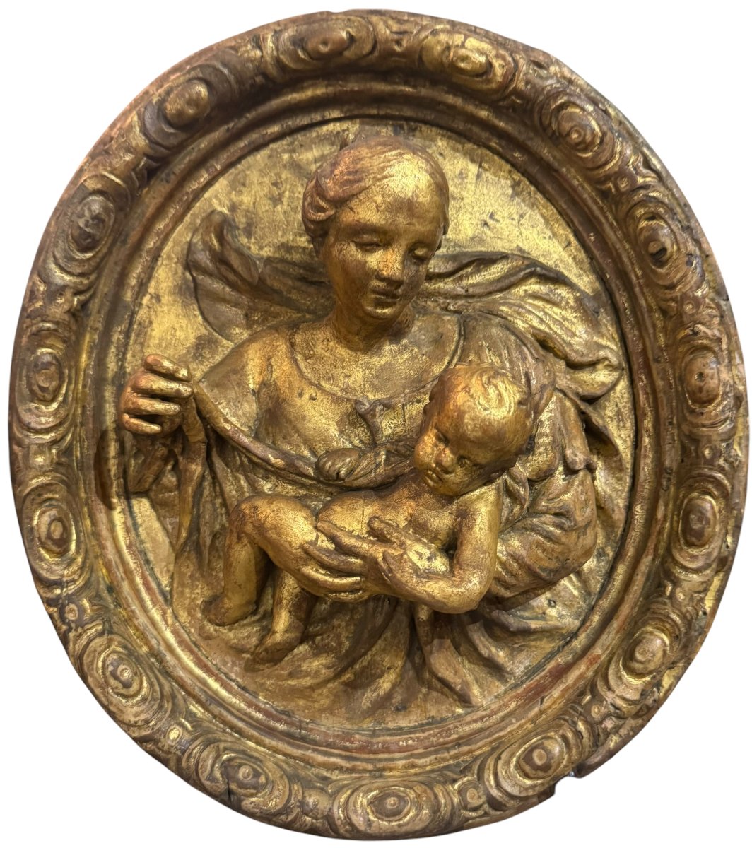 Madonna And Child – 18th-century Antique Gilded Wooden Sacred High Relief-photo-2