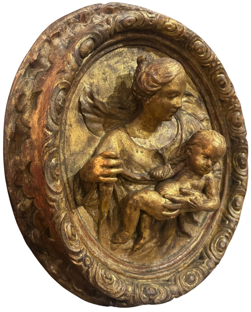 Madonna And Child – 18th-century Antique Gilded Wooden Sacred High Relief-photo-3