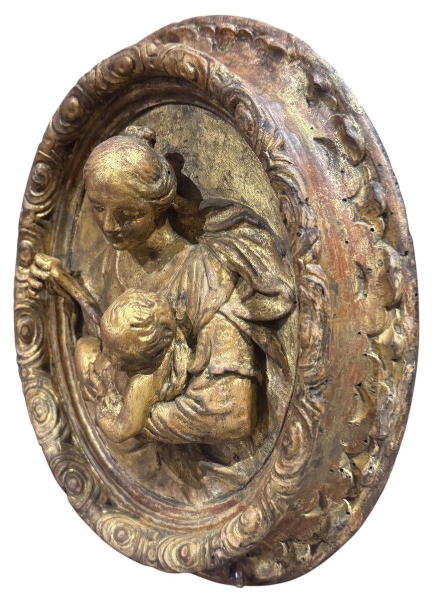 Madonna And Child – 18th-century Antique Gilded Wooden Sacred High Relief-photo-4