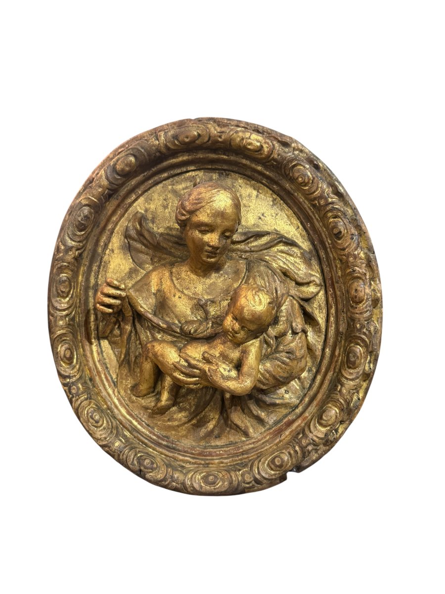 Madonna And Child – 18th-century Antique Gilded Wooden Sacred High Relief-photo-2