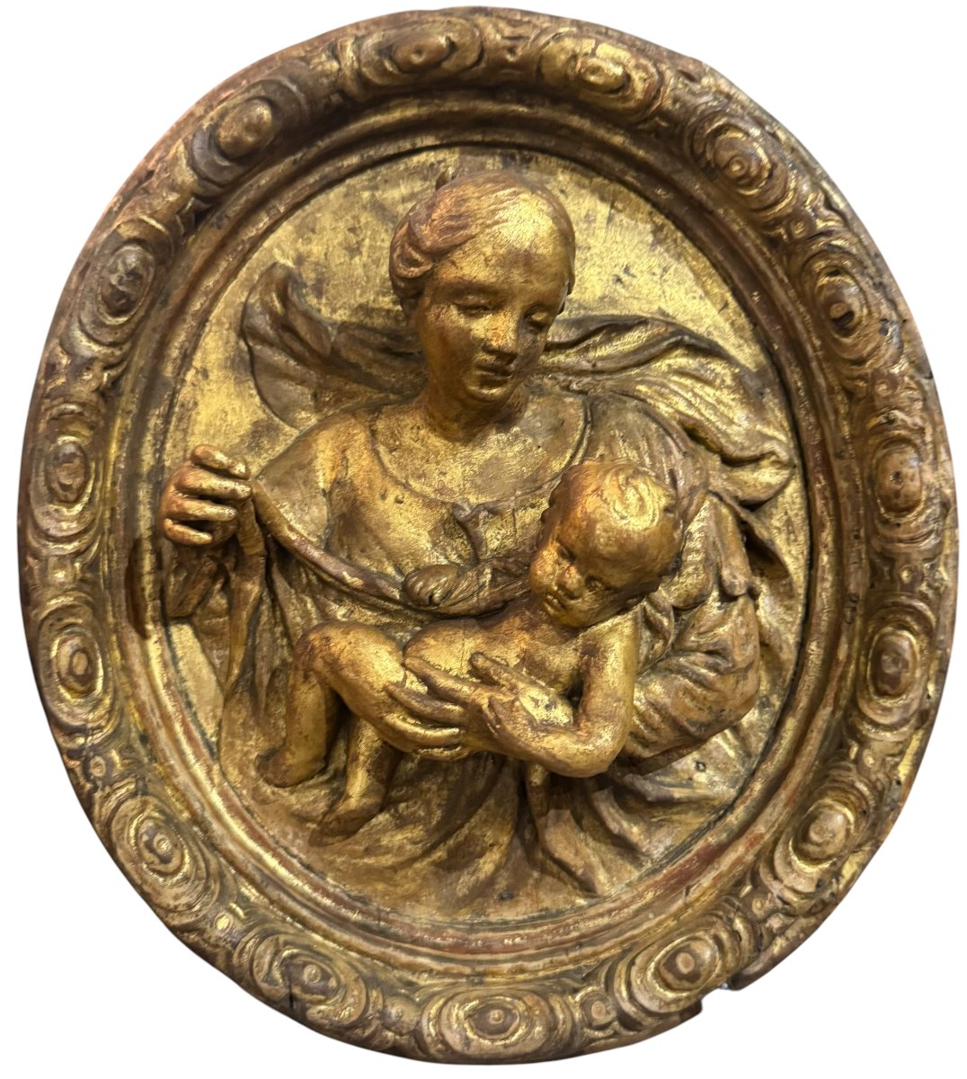 Madonna And Child – 18th-century Antique Gilded Wooden Sacred High Relief-photo-3