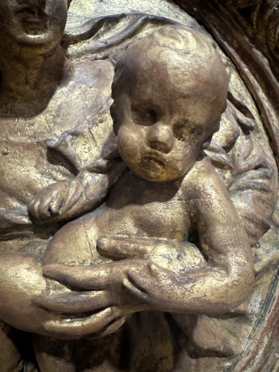 Madonna And Child – 18th-century Antique Gilded Wooden Sacred High Relief-photo-4