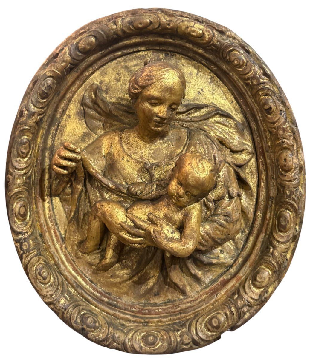 Madonna And Child – 18th-century Antique Gilded Wooden Sacred High Relief